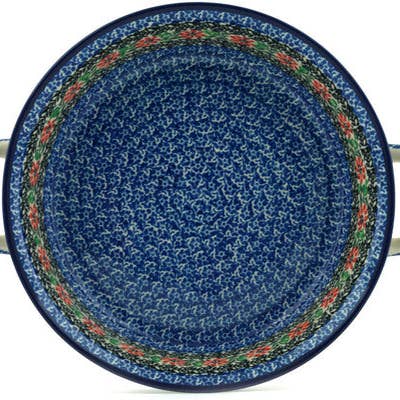 Polmedia Polish Pottery - Wholesale Baking Dish - Round Baker with Handles Medium Red Zinnia Theme