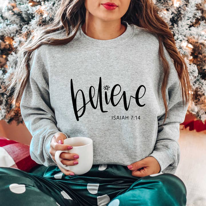 Believe Scripture | Sweatshirt | Faith | Christmas for wholesale by Uplifting Threads Co Wholesale