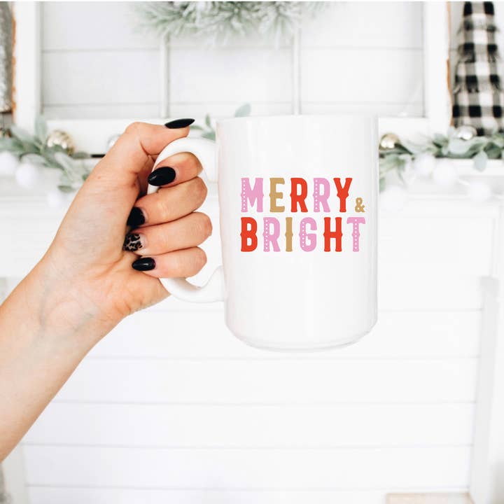 15 oz. Coffee Mug, Merry and Bright, Christmas Cup for wholesale by Boho Sips
