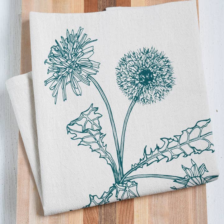 Hearth and Harrow - Wholesale Tea Towel - Organic Cotton Dandelion Tea Towel - Green - Botanical Print