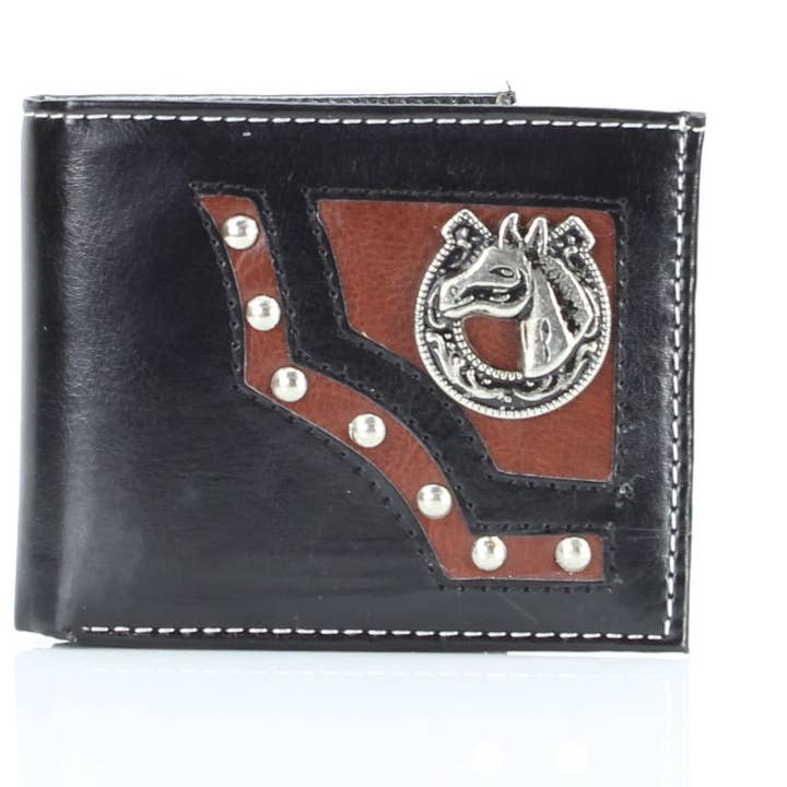 Vegan Leather Concho Bifold Wallet with Horseshoe Medallion for wholesale by Leather Impressions Inc