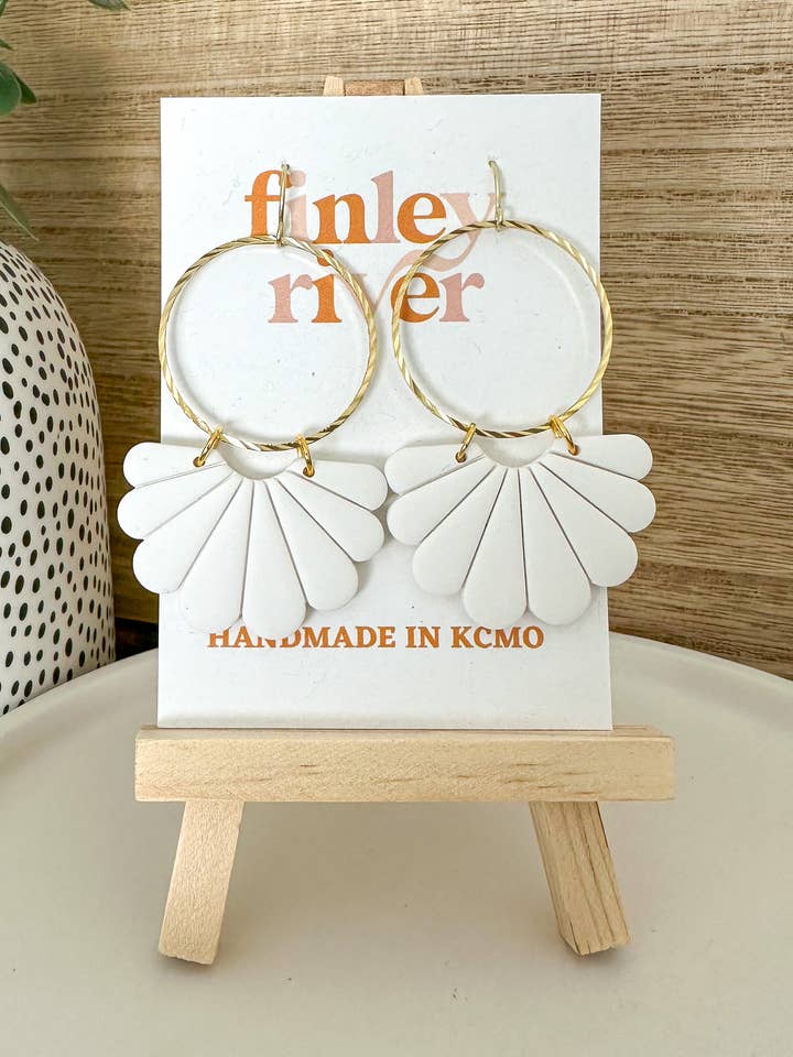 Half Scallop Dangles | White | Clay Earrings for wholesale by Finley River | Trendy Polymer Clay Earrings | Hypoallergenic
