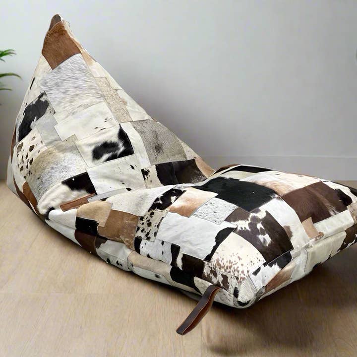 Artisan Cowhide Beanbag Cover – Triangular Patchwork Lounger in Natural Tones for wholesale by Glamthread