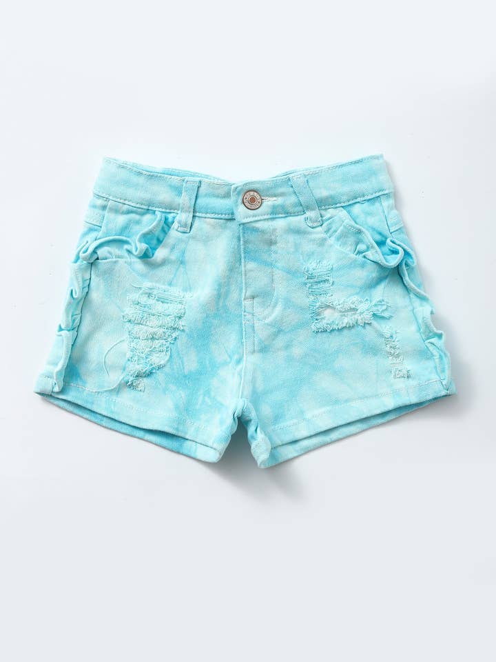Kids Blue Distressed Ruffle Denim Shorts for wholesale by sassy kids palace