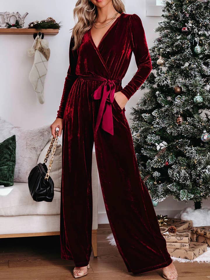 Red Elegant velvet straight-leg new solid color jumpsuit for wholesale on Faire