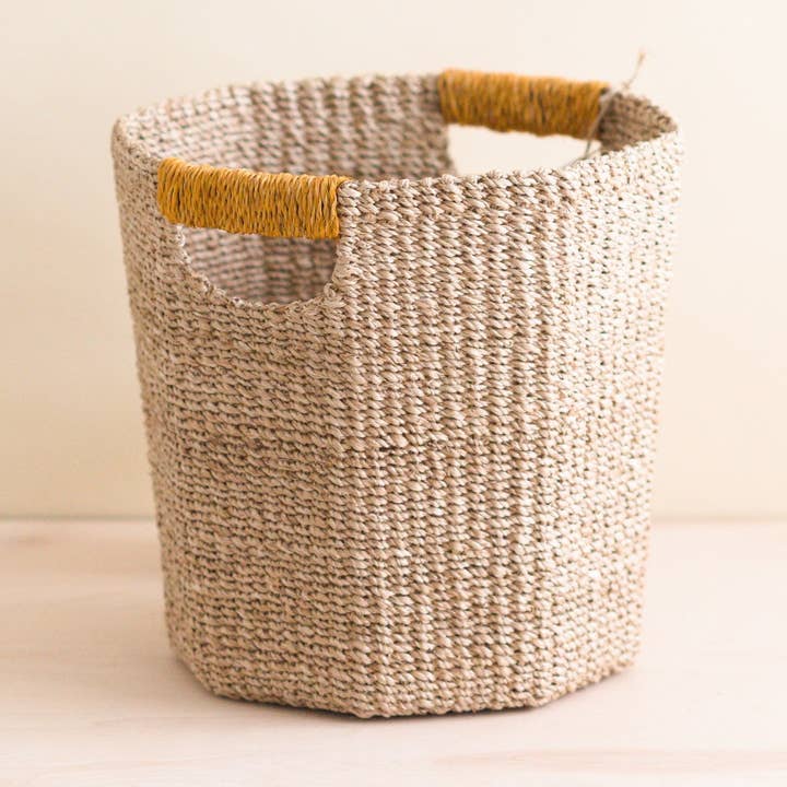 Natural Octagon Basket with Mustard Handle - Handwoven Bin | LIKHÂ for wholesale by LIKHÂ