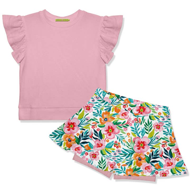Kids Dusty Pink Fr Terry Top & Floral Skort for wholesale by Millie Loves Lily