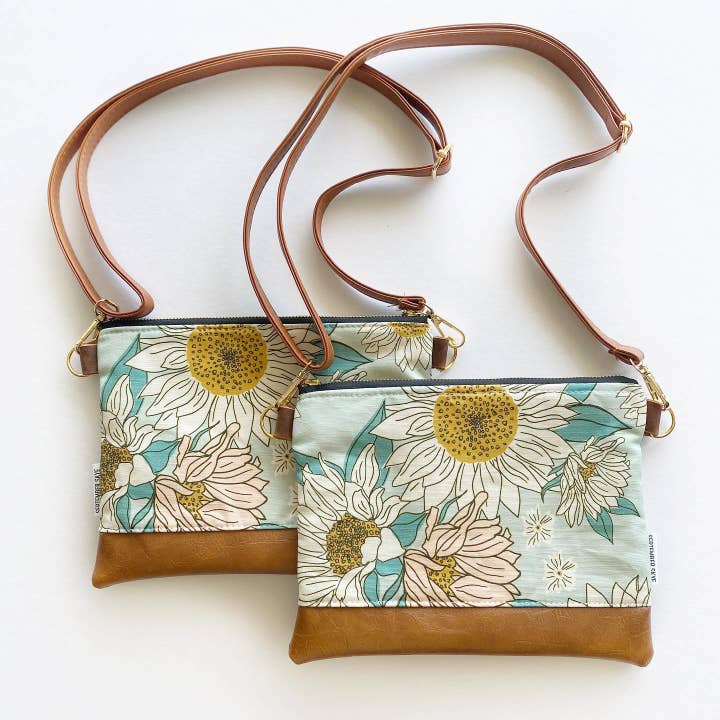Small crossbody bag in sunflower floral aqua for wholesale by September Skye Bags & Accessories