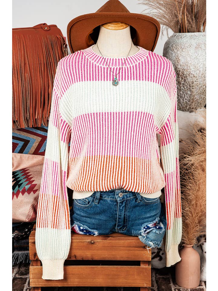 fashionworks - Wholesale Knit Sweater - Women's - Fall Colorblock Textured Knit Bubble Sleeve Sweater