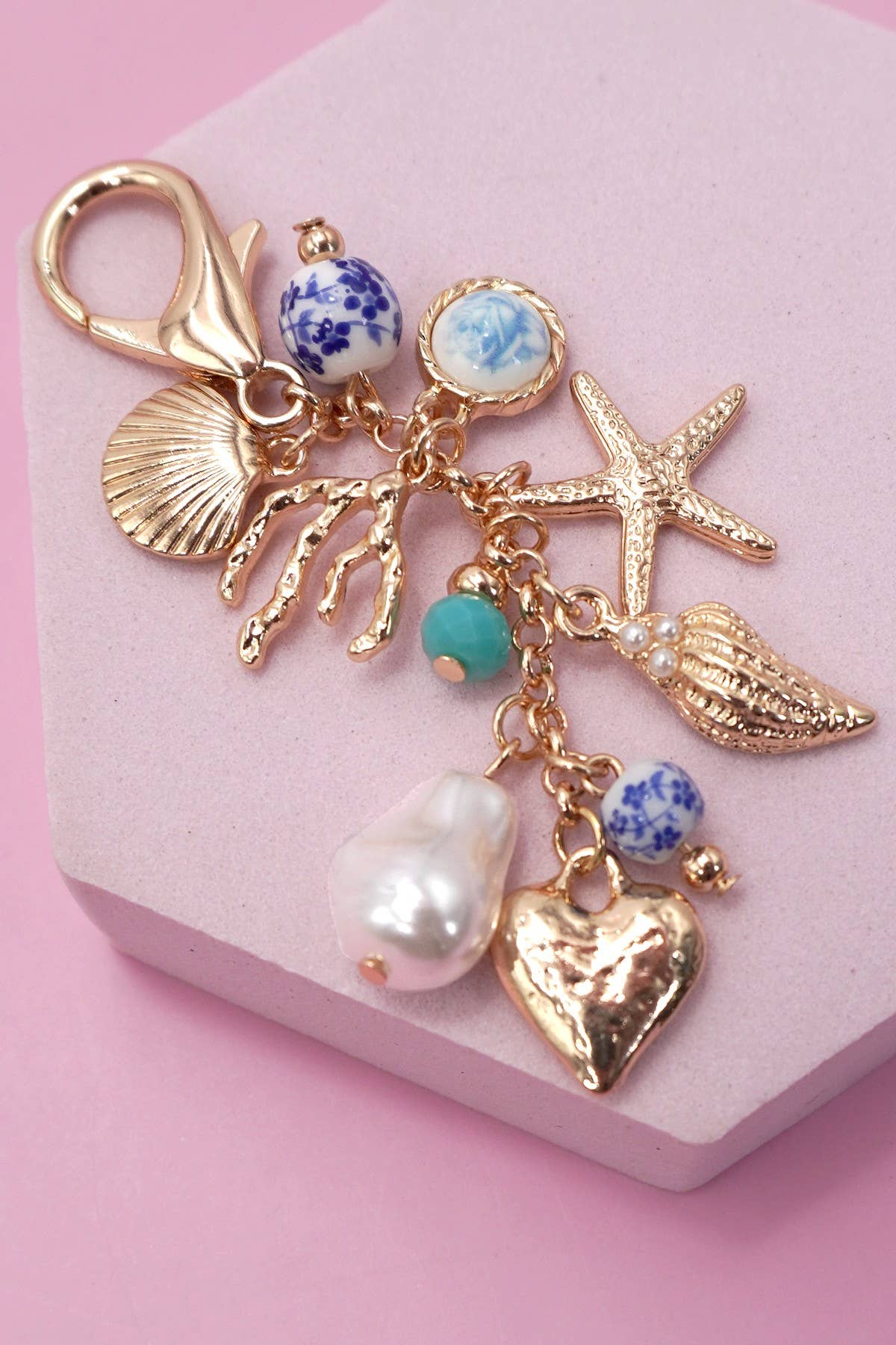 Gold PORCELAIN SEA LIFE PEARL HEART TURQ BEAD BAG CHARM | 80K009 for wholesale on Faire3