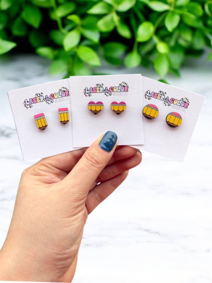 Teacher Earrings, Pencil Earrings, Teacher Appreciation Week for wholesale by Laser & Color Designs LLC