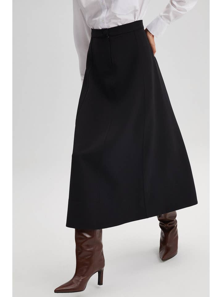 BLACK A-LINE CREPE MIDI SKIRT for wholesale on Faire