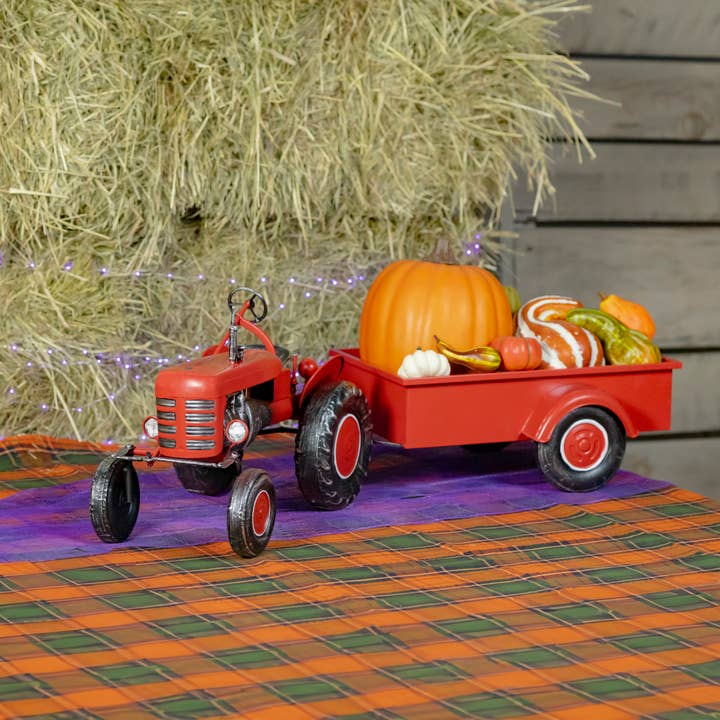 Zaer Ltd. International - Wholesale Christmas Decoration - 3.4 Foot Long Small Red Metal Tractor with Cart2