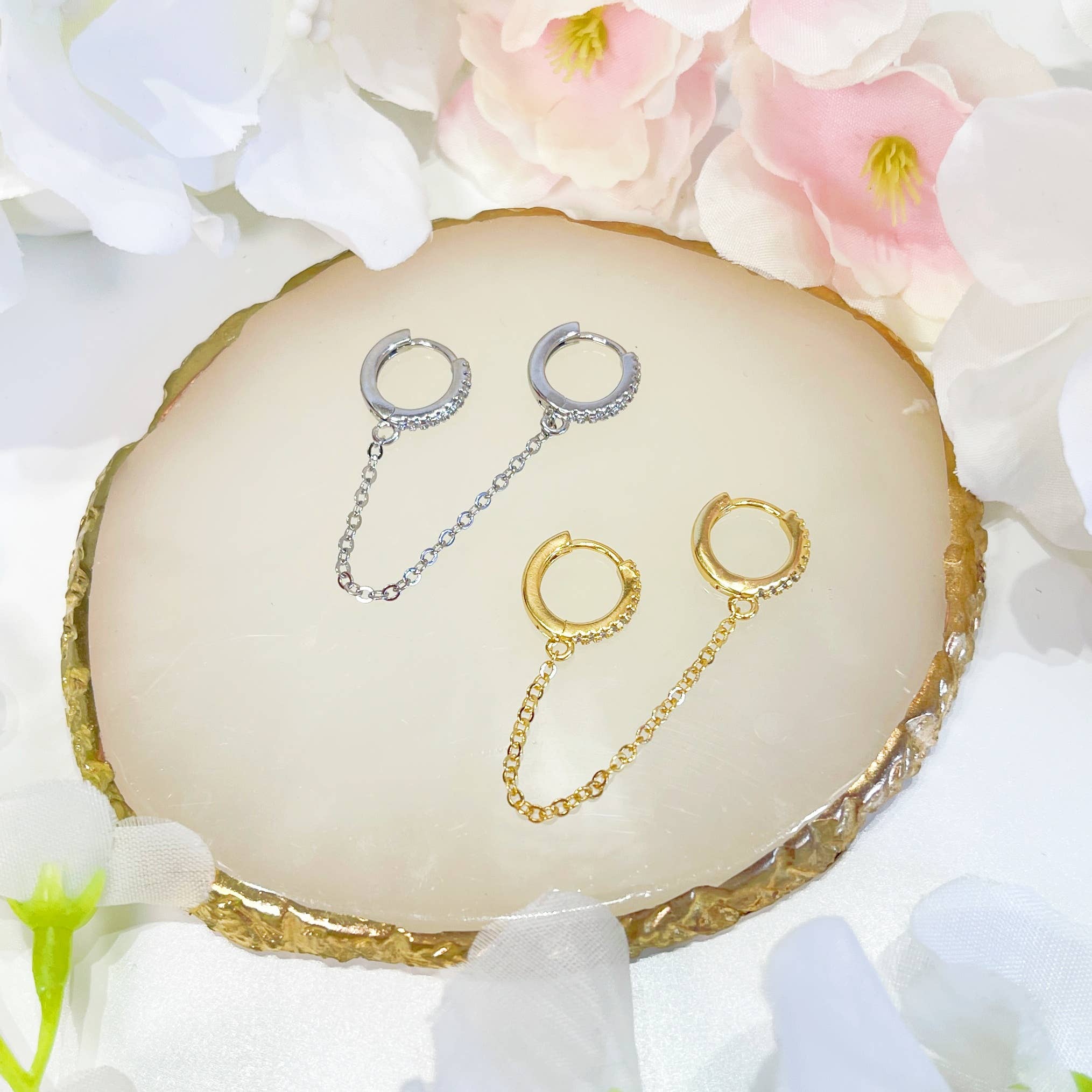 Melange Blanc - Wholesale Hoop Earrings - E128 Double Paved hoop chain earrings, single earrings3