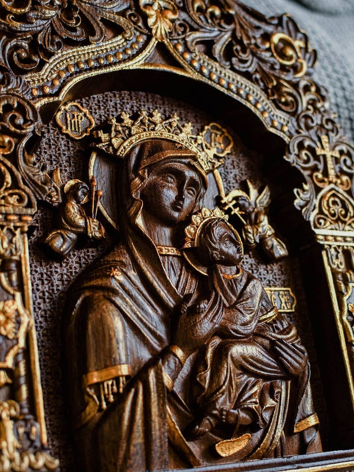 Our Lady of Perpetual Help Wooden Icon Baroque for wholesale by KozakWorkshop