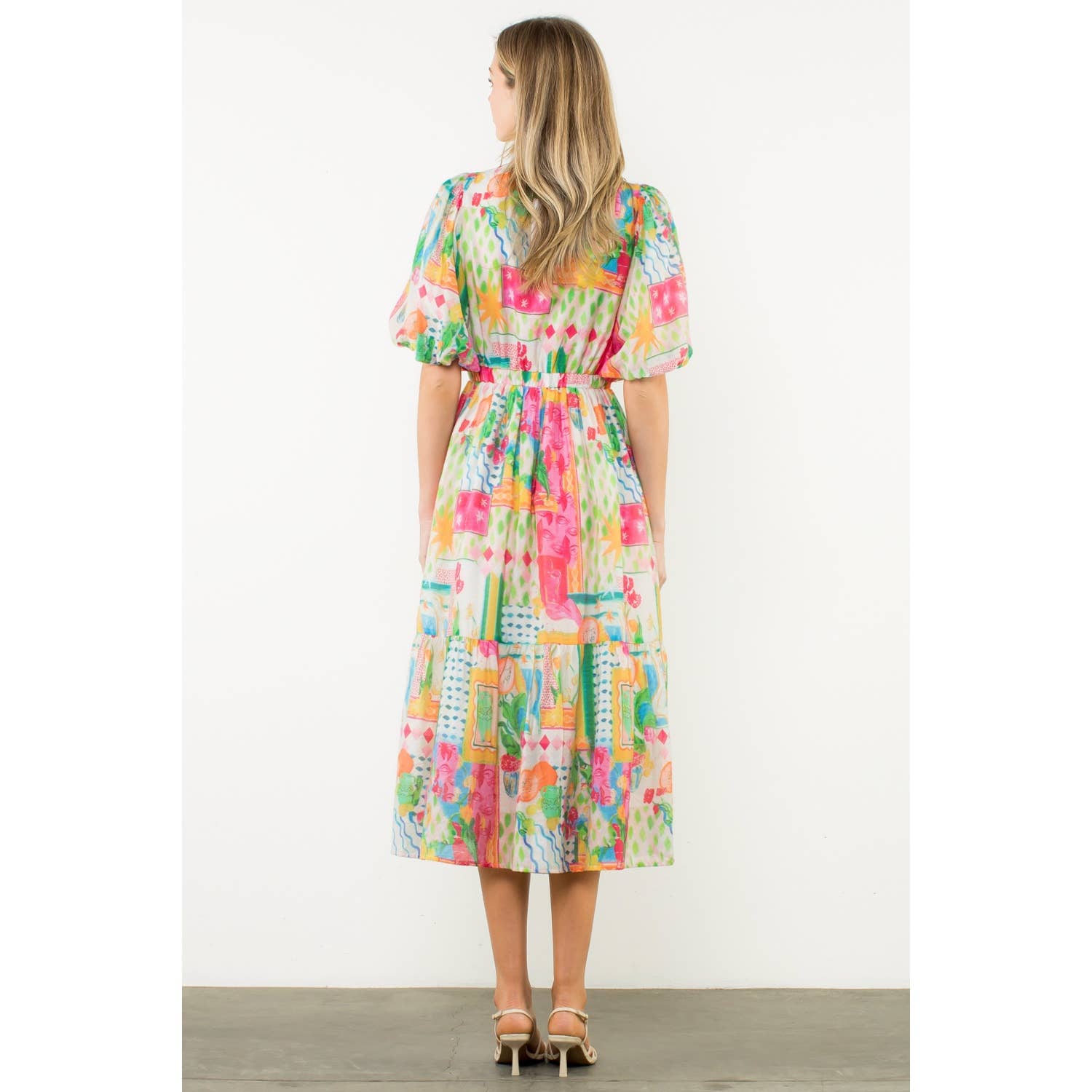 PINK Printed Ruffle Collar Puff Sleeve Dress for wholesale on Faire4