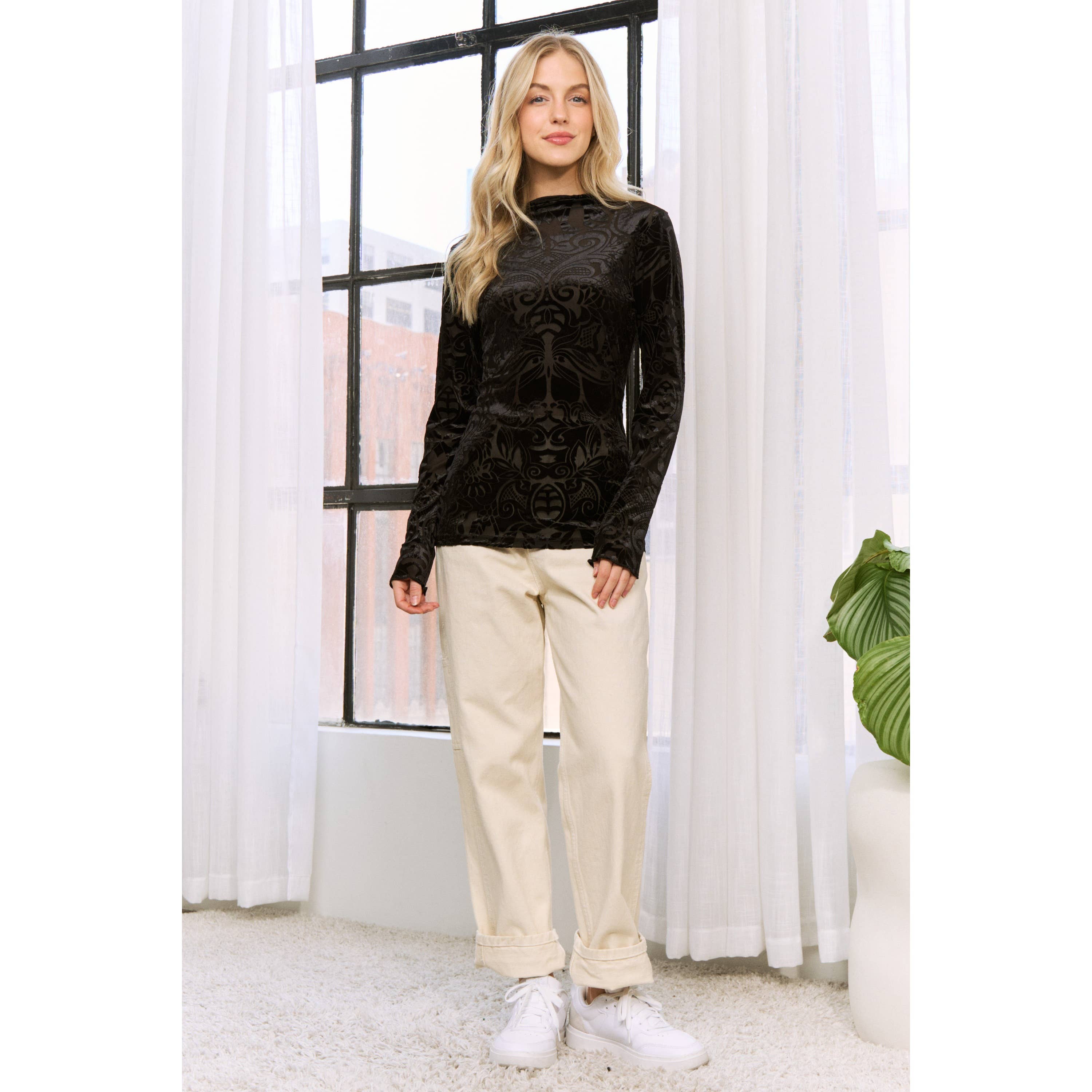 Sweet Generis - Wholesale Knit Top - Women's - VELVET BURN OUT SLIM FIT HIGH NECKLINE TOP36