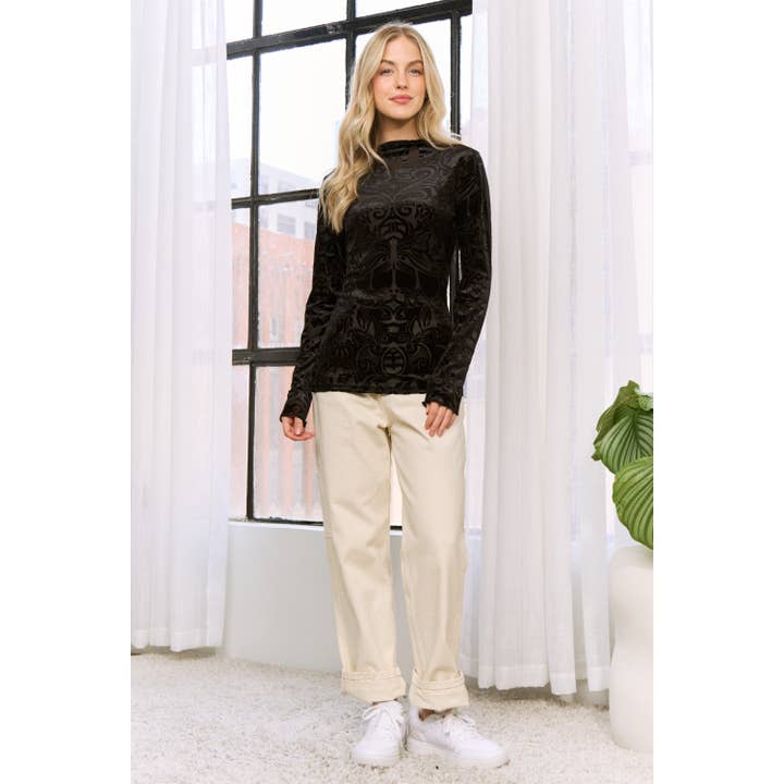 Sweet Generis - Wholesale Knit Top - Women's - VELVET BURN OUT SLIM FIT HIGH NECKLINE TOP36