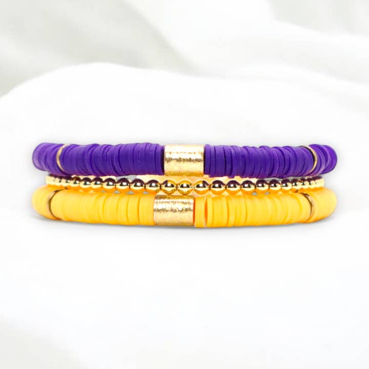 Gold Purple Game Day Stack Bracelet, School Spirit Jewelry for wholesale by Fish Towne Designs, LLC