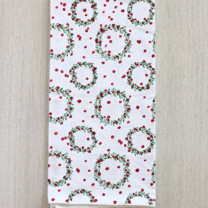 Mended - Wholesale Tea Towel - Tea Towel - Wreath, Evergreen & Red2