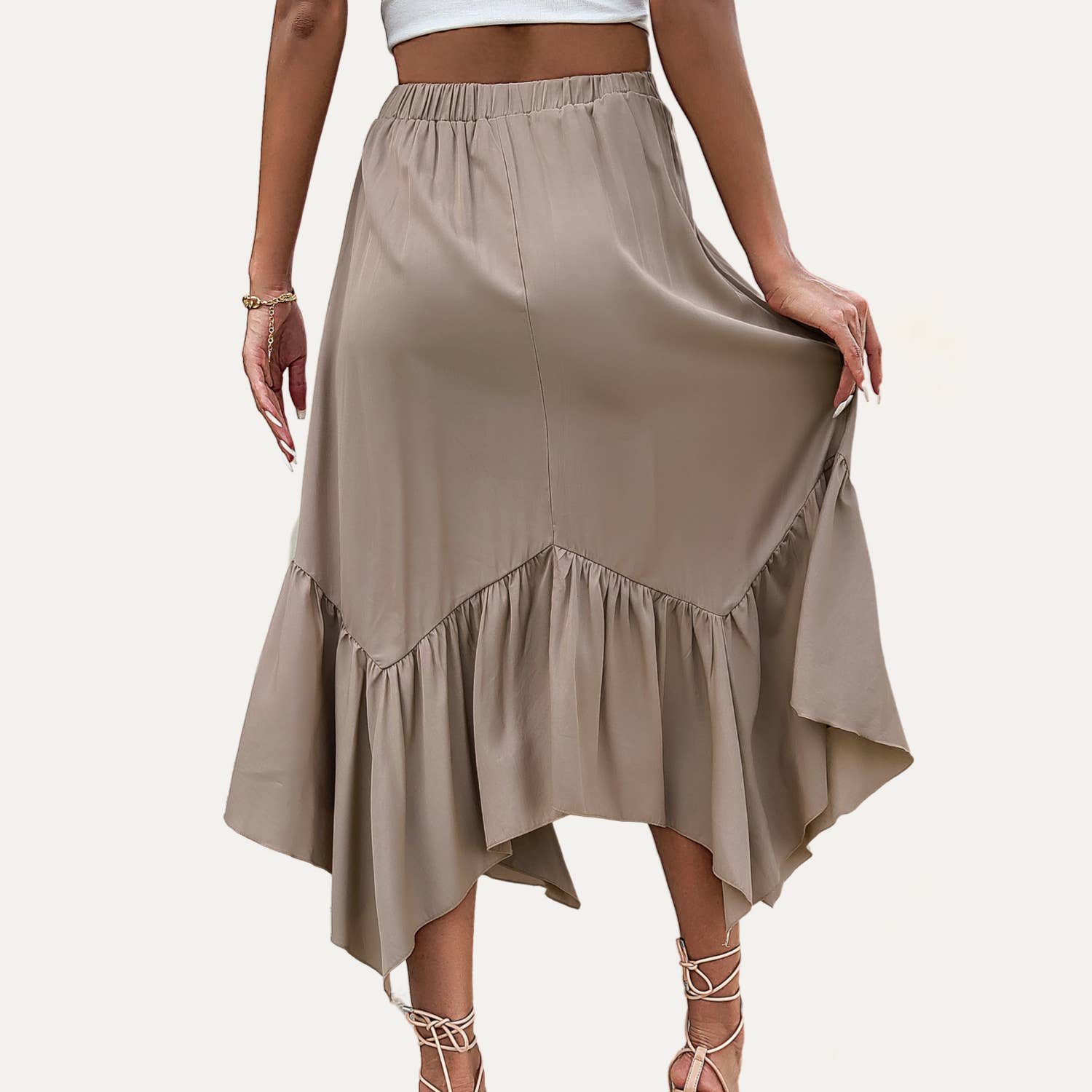 Unique Taupe High-Waisted Asymmetrical Maxi Skirt for wholesale on Faire6