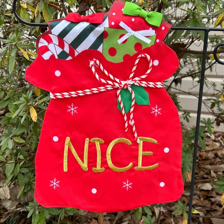 Christmas Naughty & Nice Santa Bag 2-Sided Garden Flag 12.5x18" for wholesale by JEC Home Goods Inc