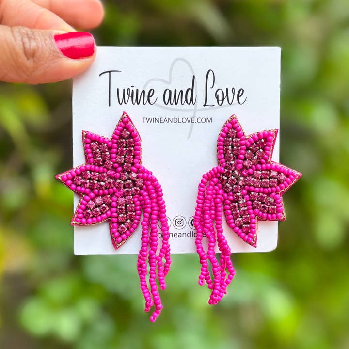 Twine and Love - Wholesale Dangle Earrings - Fuchsia Floral Jeweled Earrings