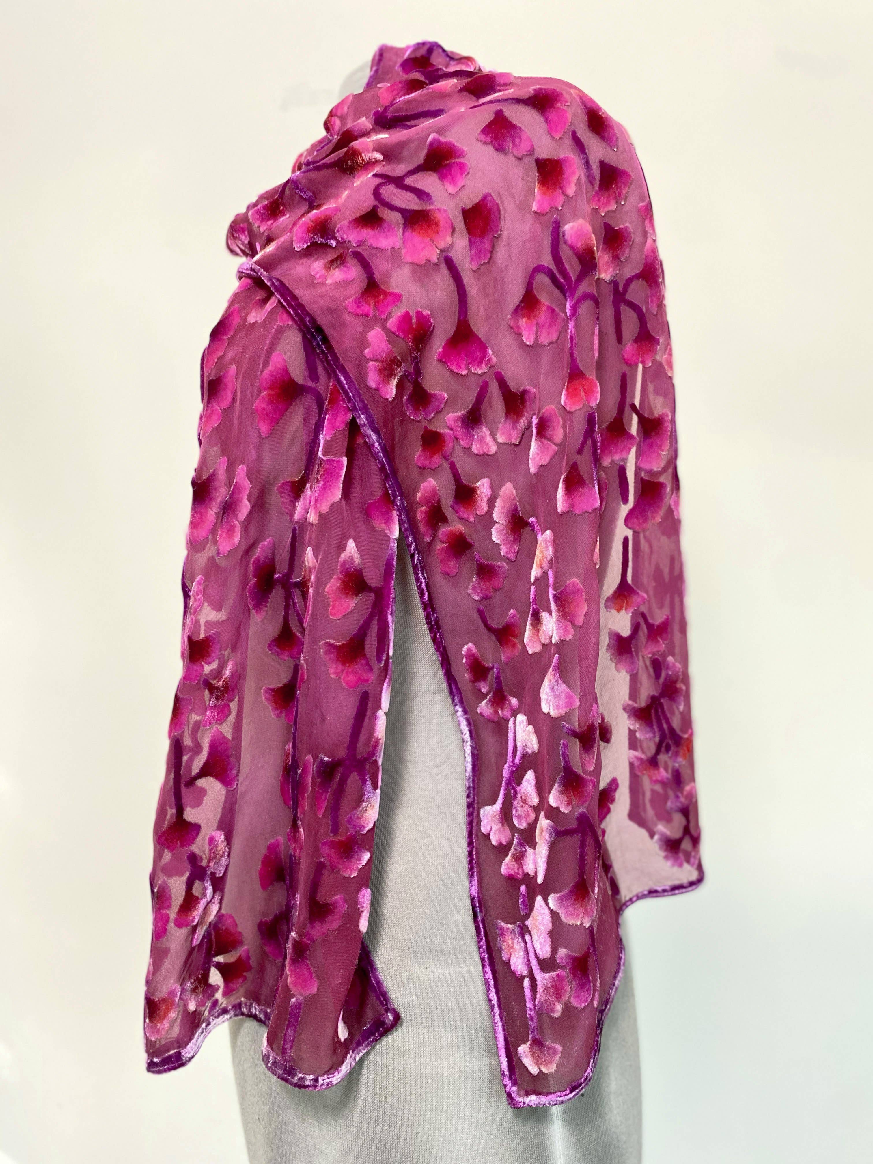 Sherit Levin Textiles - Wholesale Scarf - Women's - Hand Painted Devoré Silk Velvet Floral Fuchsia Scarf2