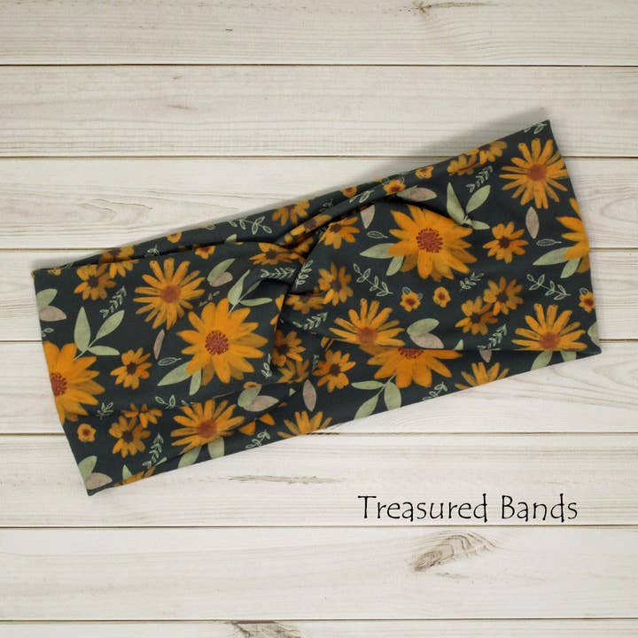 Sunflower Earthy Teal Boho Print Knit Twist Headband for wholesale by Treasured Haven