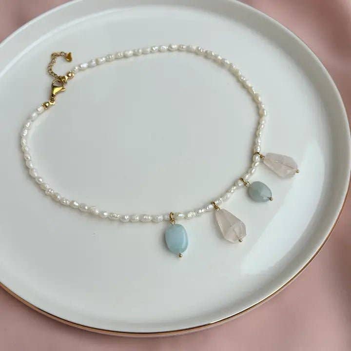 OE! - Wholesale Beaded/Pearl Necklace - SPRING – Necklace with Aquamarine, Rose Quartz, and Pearls1