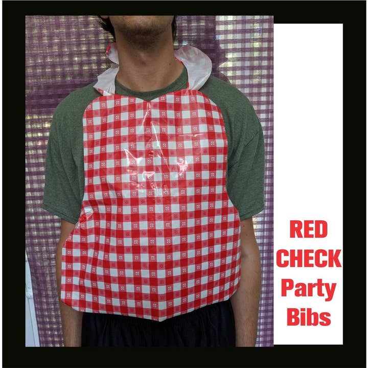 Party Bibs - Wholesale Disposable Napkin - Plastic Bibs, Red Gingham Design Poly Party Bibs, Pack of 25