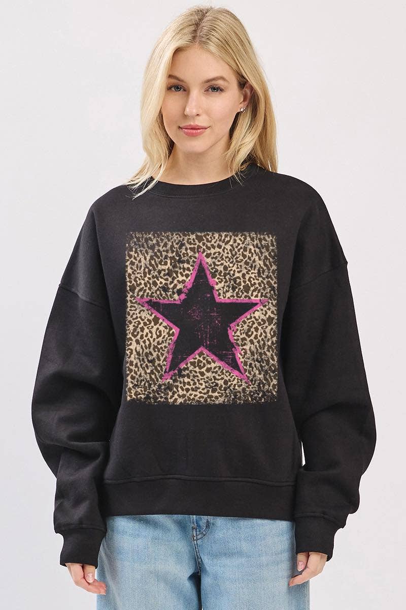 Zutter - Wholesale Graphic Sweatshirt - Women's - Leopard Star Graphic L/S Relaxed Fit Fleece Sweatshirts0