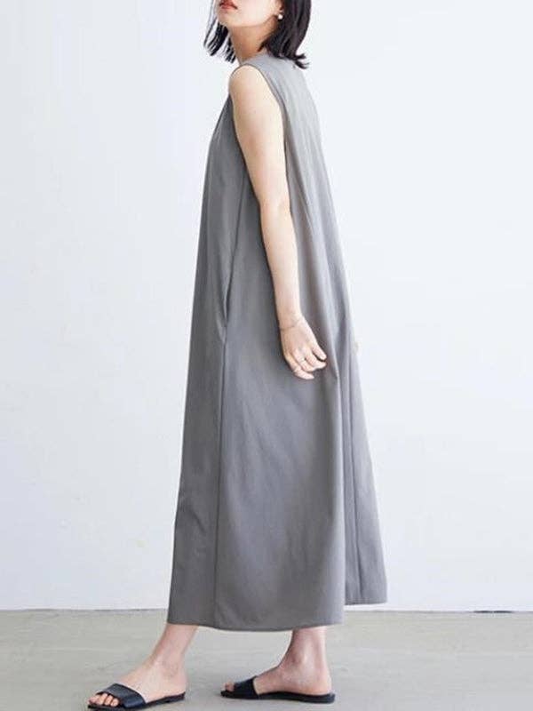 VividLux - Wholesale Dress - Women's - Loose Sleeveless Solid Color Round-Neck Midi Dresses