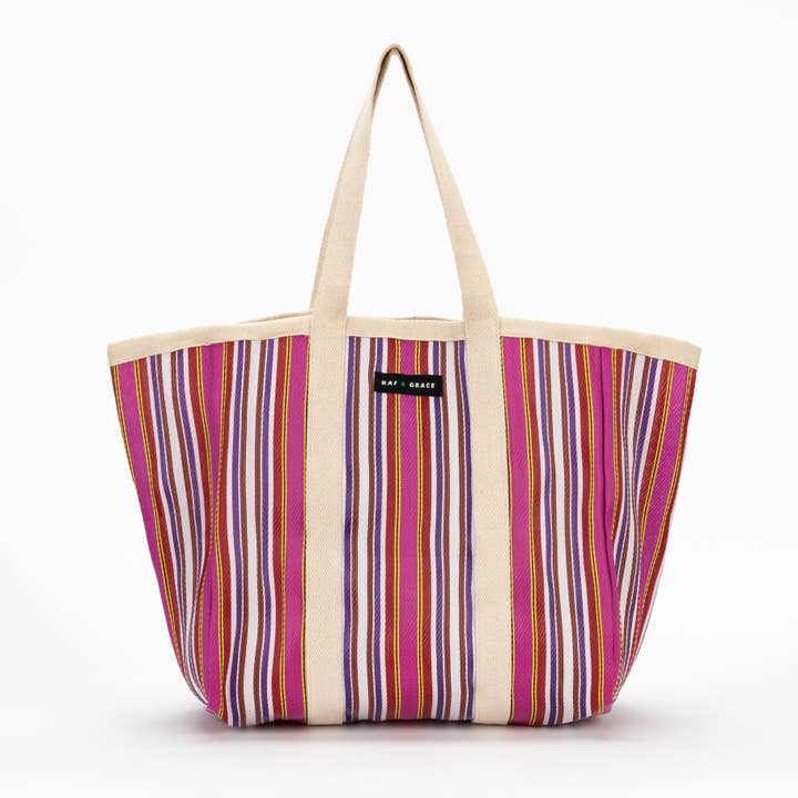 Pink/Red Striped Recycled Plastic Shopper Bag for wholesale by Raf & Grace