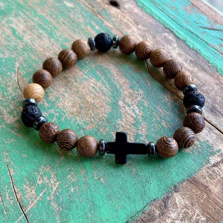 Love and Honor Jesus LLC - Wholesale Beaded Bracelet - Wood Lava Cross Bracelet