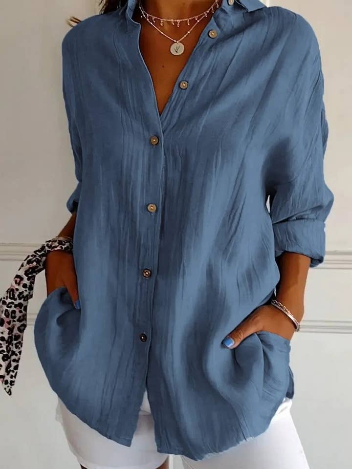 NINEXIS - Wholesale Shirt - Women's - CWTSTL2281_SOLID COLOR SINGLE BREASTED PLEATED LAPEL SHIRT4