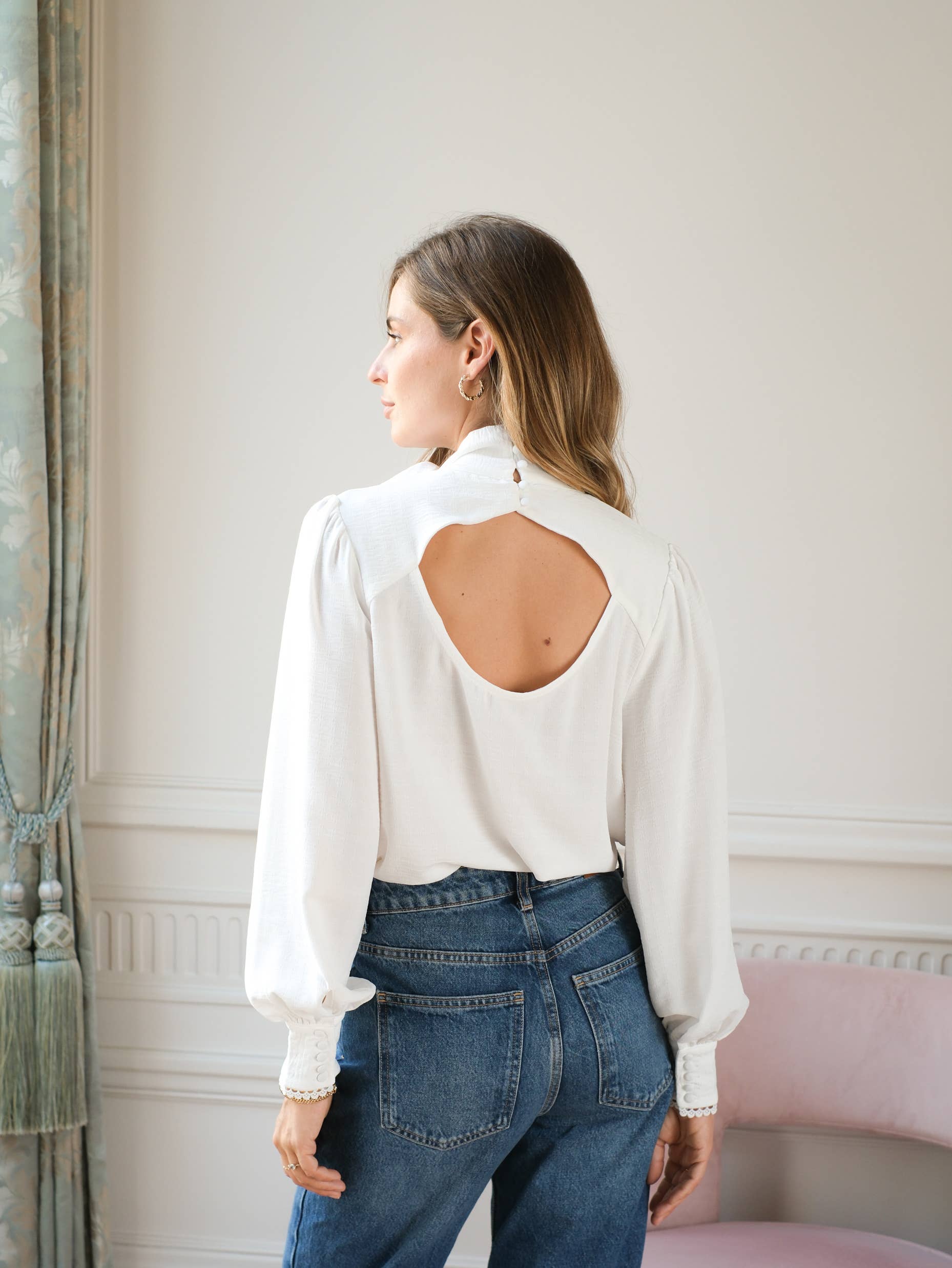 LOVIE & CO - Wholesale Blouse - Women's - Textured blouse with lavallière collar and open back - 4973T-MARGOT9