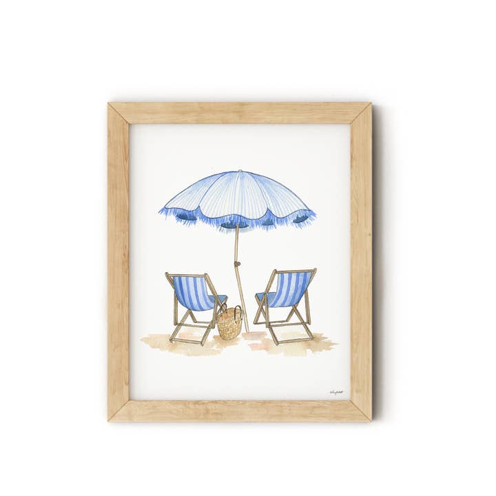 KelseyMDesigns - Vente Affiche d'art - Impression artistique sur chaises de plage bleues, aquarelle murale côtière