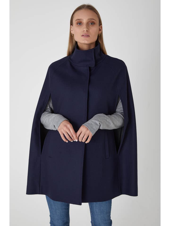 Allora - Wholesale Cape - Women's - Single Breasted Wool Cashmere Cape Coat - Ink