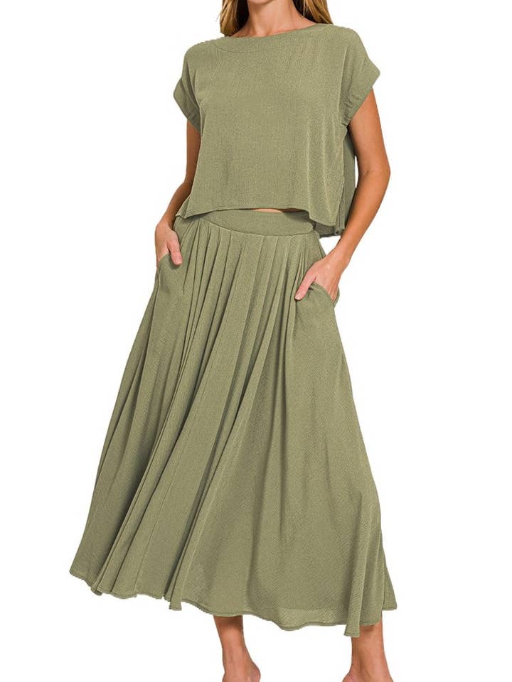 Woven Crinkle Gauze Crop Tee & Skirt Set for wholesale by Vanilla Monkey