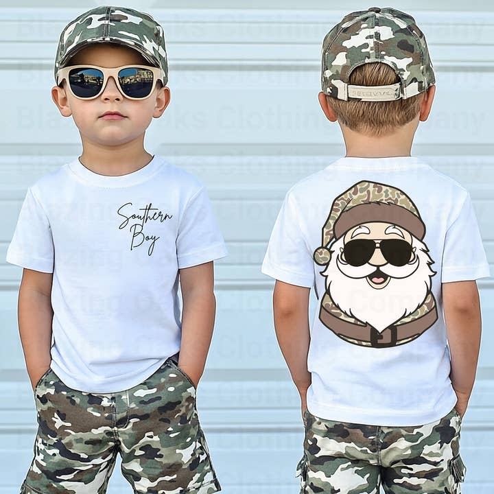 Camo Santa Shirt for wholesale by Blazing Oaks Clothing Company