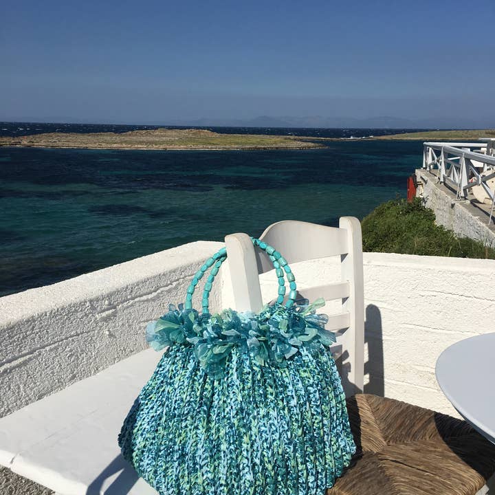 SIBYLLADELPHICA - Wholesale Tote Bag - Women's - Raffia Turquoise Handwoven Tote, "Poseidon"2
