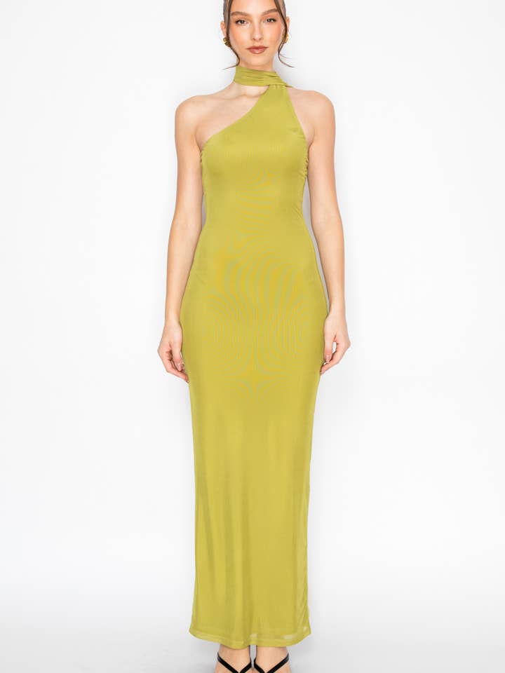 One Shoulder Halter Solid Mesh Maxi Dress for wholesale by Nabae Clothing