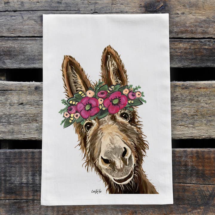 Donkey Flowers Flour Sack, Donkey Tea Towel Kitchen Decor for wholesale by Hippie Hound Studios