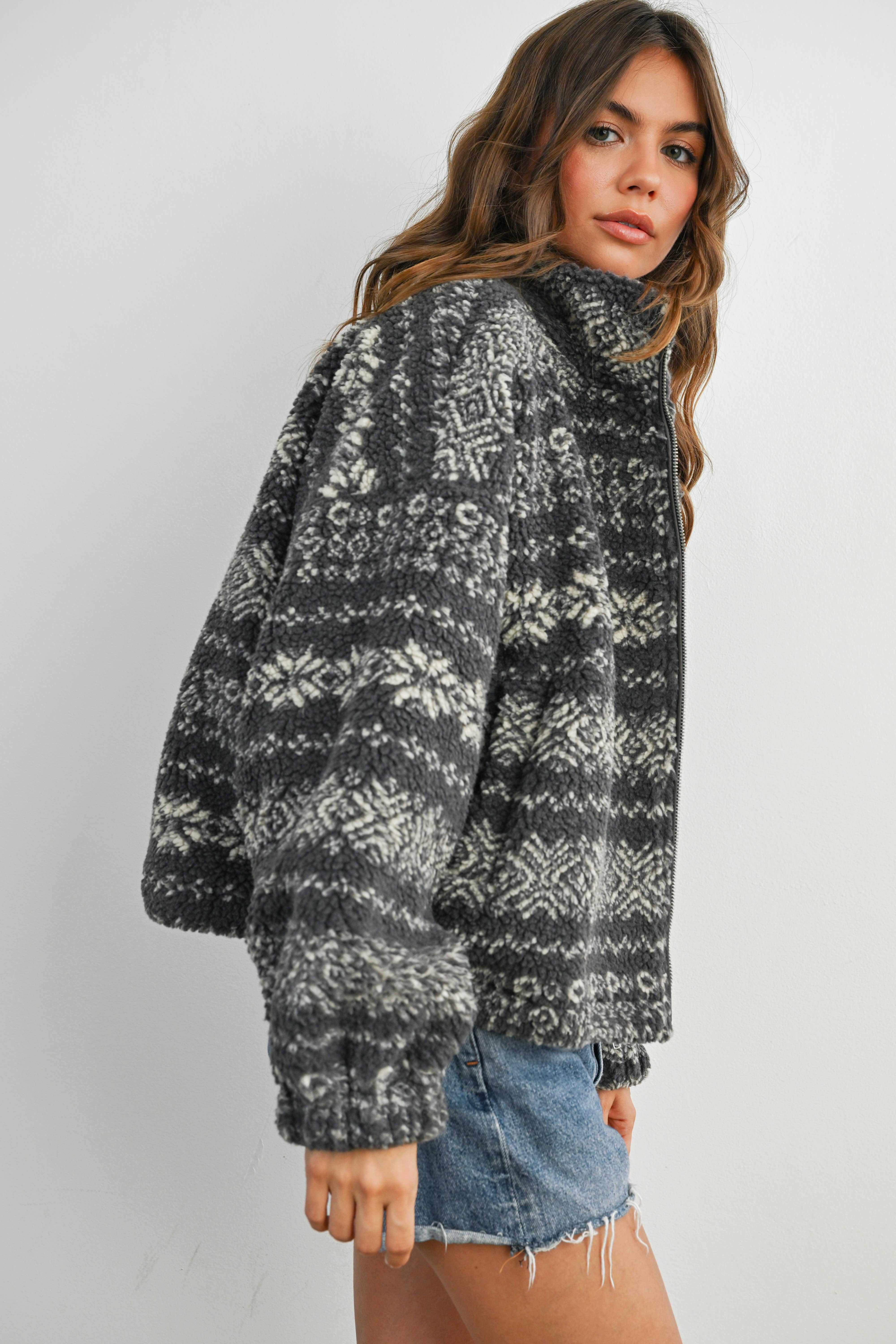 BUTTERMELON - Wholesale Jacket - Women's - Fuzzy Fleece Zip-Front Patterned Jacket - BMJ780712