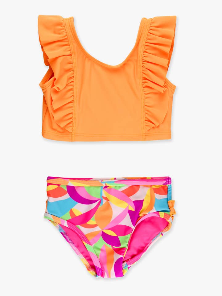 Piger Neon Tropisk Eventyr Vandfald Tankini 2-delt Badedragt med Signatur Bagerste Flæser for engroshandel hos RuffleButts + RuggedButts