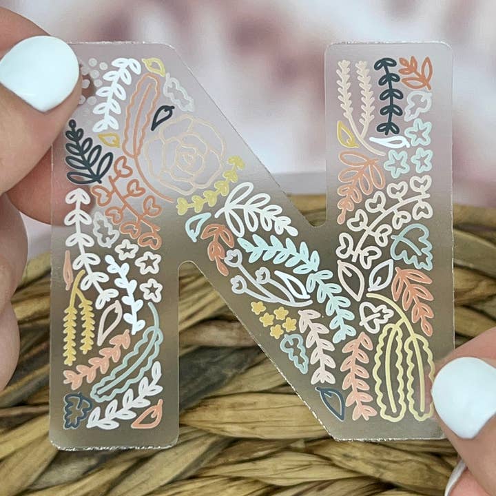 Floral N Sticker. Clear Matte Letter Sticker. Weatherproof Vinyl Sticker. for wholesale by Nolie Co