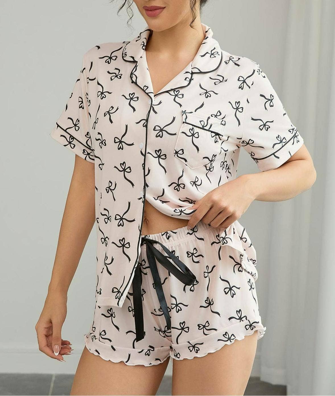 Begie Bow print pajamas 2 pcs t-shirt top & shorts set for wholesale on Faire8