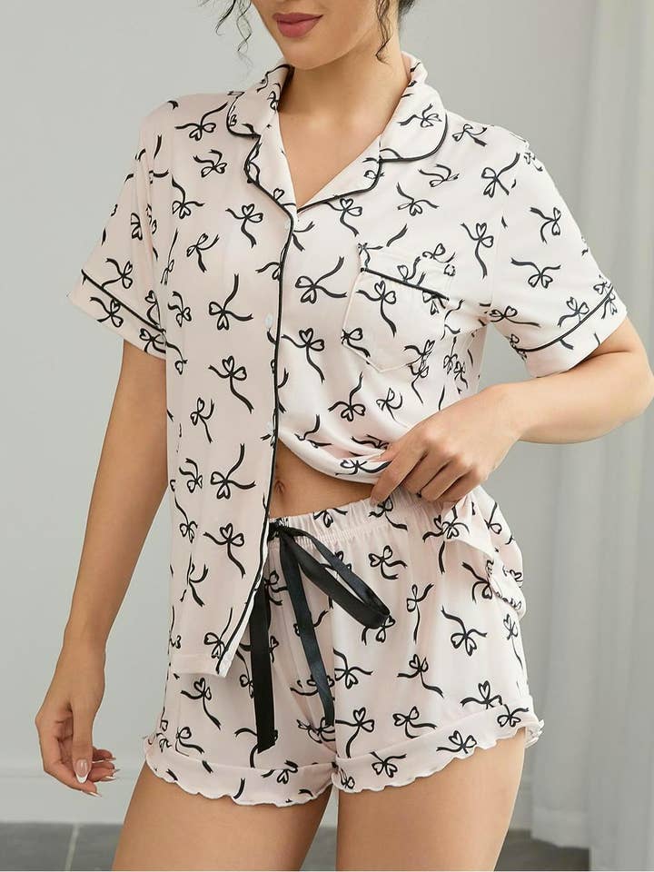 Bow print pajamas 2 pcs t-shirt top & shorts set for wholesale by HIDDENBRAND