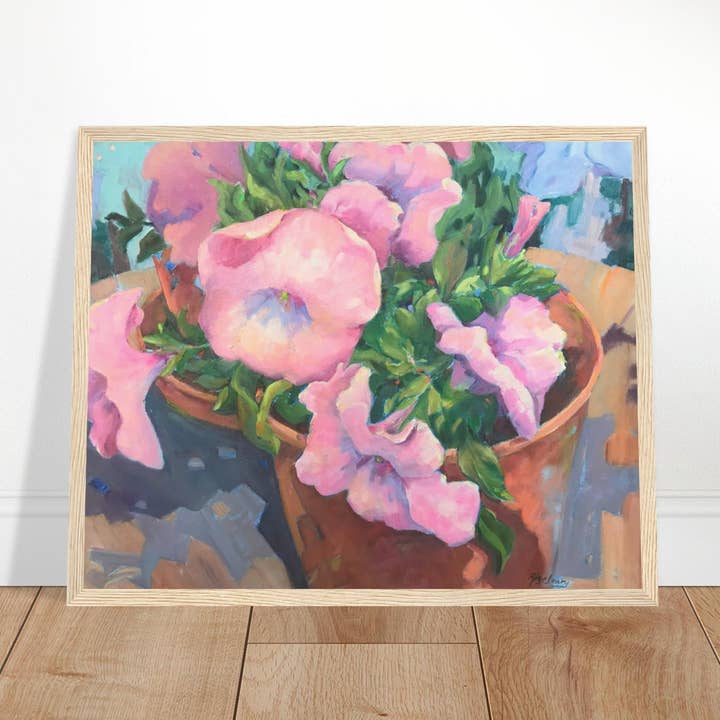 'Roze Bloemblaadjes in Bloei' Bloemmotief | 16x20 inch Houten Ingelijste Kunstdruk | Origineel Kunstwerk door Amerikaanse Kunstenares Barbara Cleary voor wholesale door Barbara Cleary Designs